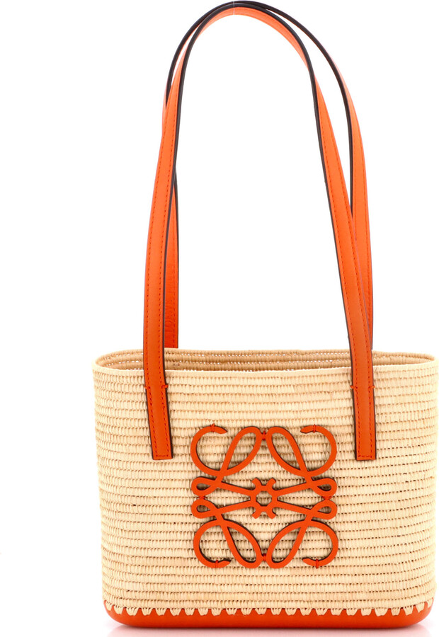 Loewe Square Basket Tote Woven Raffia and Leather Mini