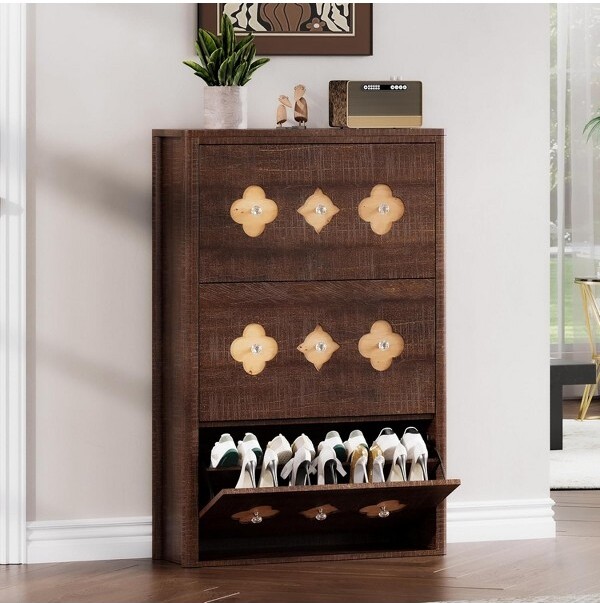 Jojoka SlimFreestandingShoeCabinet¨CHollow-OutFlowerPatternDiamondHandle3/4/6Flip-DrawerHiddenShoeStorageforEntrywayFoyerHallway