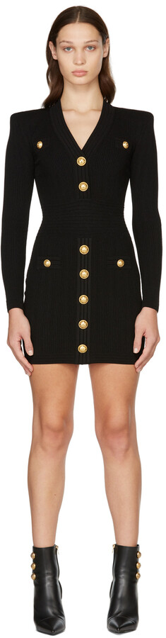 Balmain Black Rib Knit Buttoned Long Sleeve Dress - ShopStyle