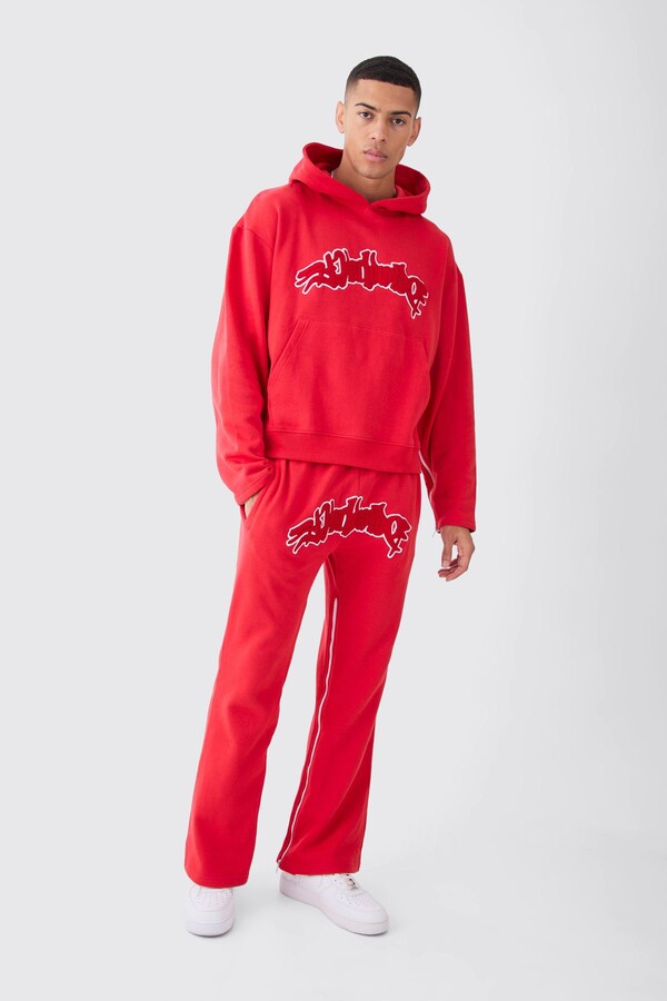 boohoo Mens Red Oversized Boxy Applique Zip Gusset Tracksuit