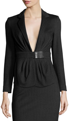 Armani Collezioni Micro-Herringbone Belted Jacket, Grey/Black