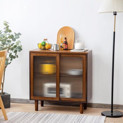 Latitude Run Bamboo Sideboard Buffet Cabinet Rattan Kitchen Storage Cabinet Boho Coffee Bar Tables For Kitchen Living Room Hallway Office Walnut