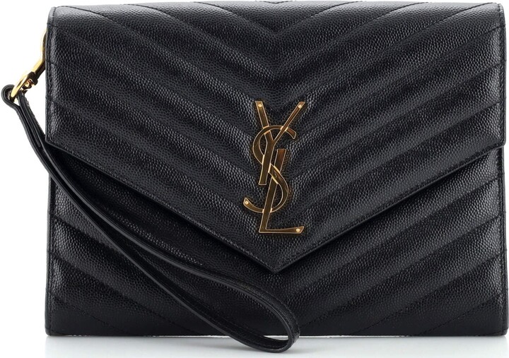 Saint Laurent Ysl Black Calfskin Matelasse Chevron Monogram A5 Wristlet Bag