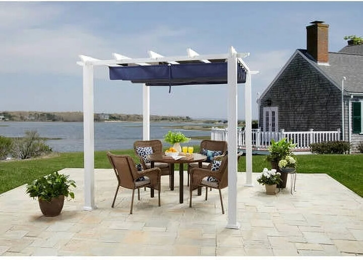 Better Homes & Gardens Meritmoor 9.5'L x 11.8'W x 7.7'H Steel Pergola with Canopy, White/Blue