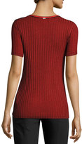 Thumbnail for your product : St. John Ribbed Jewel-Neck Short-Sleeve Sweater, Caviar/Hibiscus