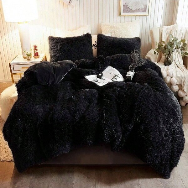 AI'MAGE PlushShaggyDuvetCoverSetLuxuryUltraSoft3-PieceQueenBlackBlackQueen