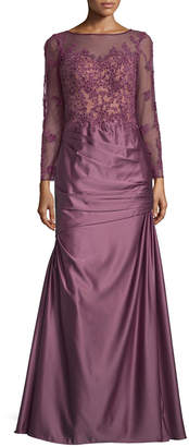 La Femme Long-Sleeve Embellished Taffeta Mermaid Gown