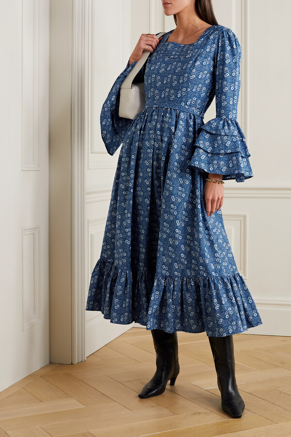 Batsheva + Laura Ashley Waverly Ruffled Floralprint Cottonpoplin Midi