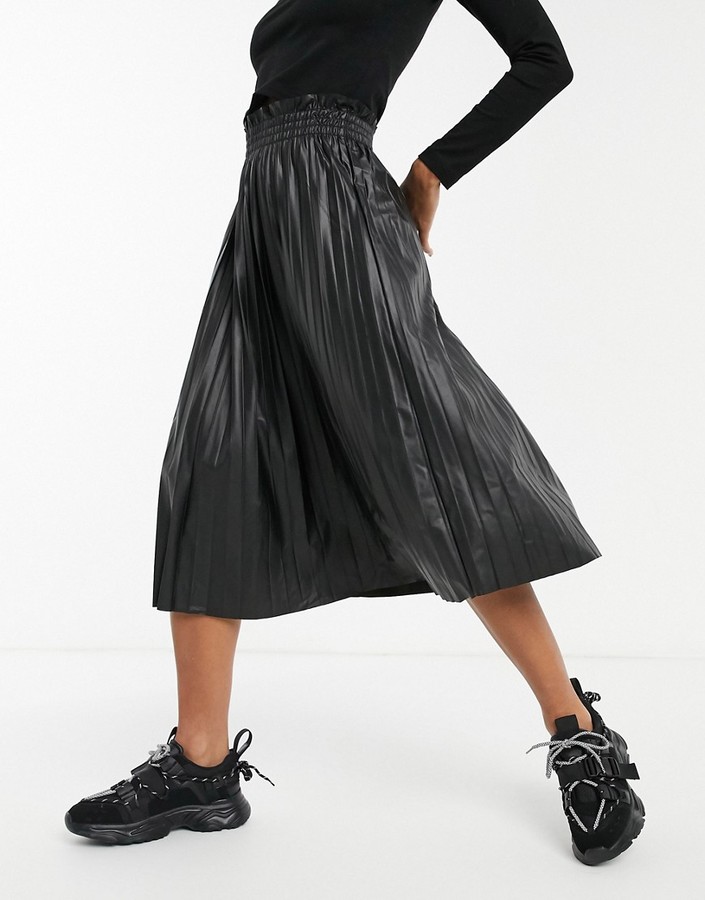 Vero Moda exclusive pleated leather look midi skirt in black - ShopStyle