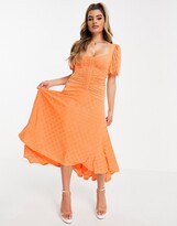 Thumbnail for your product : ASOS DESIGN puff sleeve ruched eyelet midi skater dress in orange