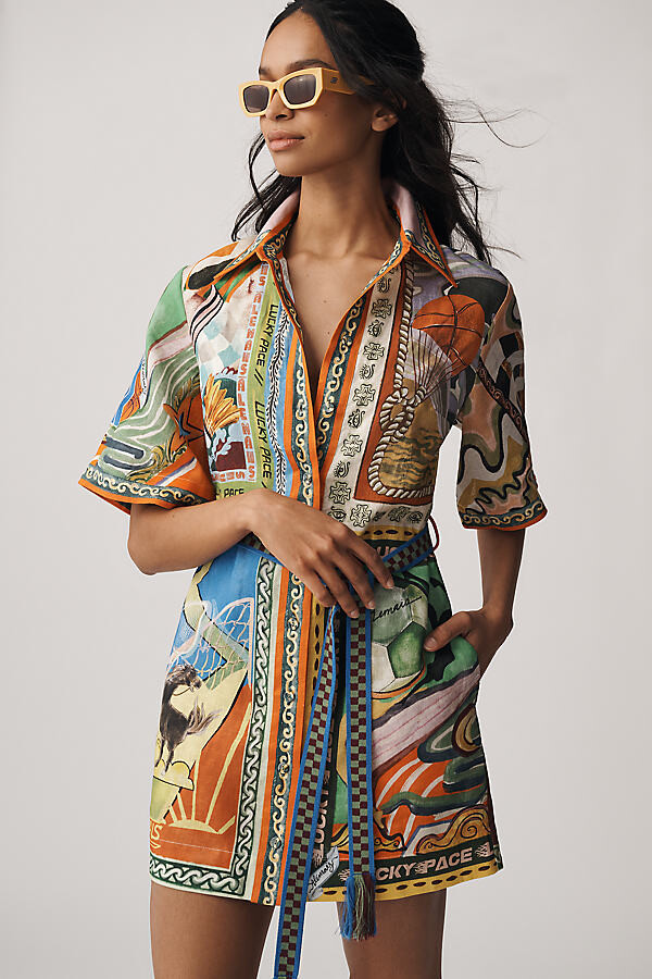 ALÉMAIS Lucky Pace Linen Short-Sleeve Belted Mini Shirt Dress