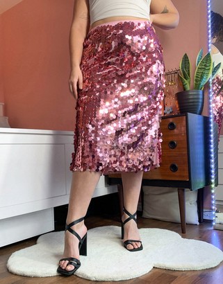 Never Fully Dressed Plus sequin midi skirt in pink