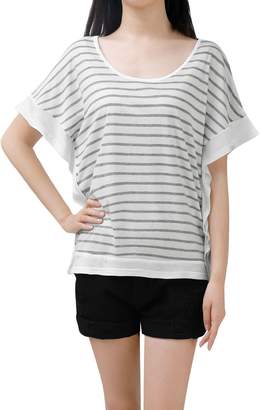 Allegra K Women Poncho Sleeves Scoop Neck Loose Fit Striped T-shirt