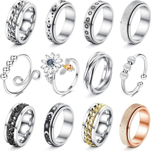Empire DigiLabs 12PcsFidgetAnxietyRingsforWomenMen-SpinnerFidgetRingsforAnxietyRelievingStressSilver5