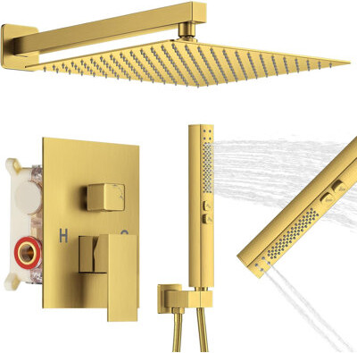 Frontier Grain 12 Inch Wall Mounted Rain Shower System With 2 In 1 Handheld Spray, Modern Square Shower Head And Pressure-Balanced Valve Trim Kit, Brushed Gold Finis