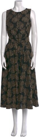 Akris Punto Floral Print Long Dress Akris Punto A-Line Dress Black Floral Print Embroidered Accent Sleeveless with Crew Neck Concealed Zip Closure at Back Designer