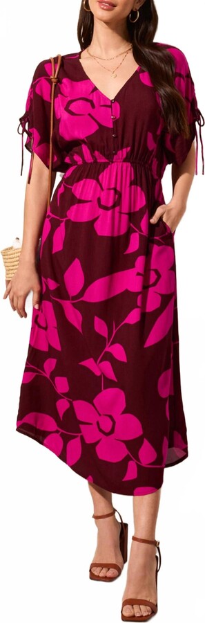 Large Floral Print Midi Dress In Maroon