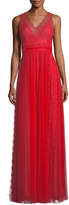 Marchesa Notte Lace Trim Sleeveless V-Neck Evening Gown