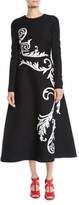 Thumbnail for your product : Oscar de la Renta Jewel-Neck Long-Sleeve Scroll-Embroidered Stretch-Wool Tea-Length Dress