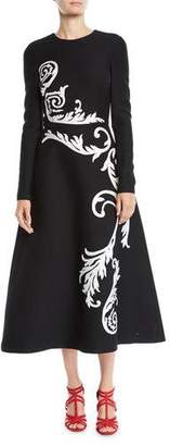 Oscar de la Renta Jewel-Neck Long-Sleeve Scroll-Embroidered Stretch-Wool Tea-Length Dress