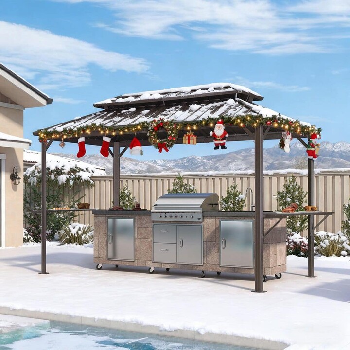 Purple Leaf 6.5 ft. x 12 ft. Hardtop Grill Gazebo for Patio Aluminum Barbecue Shelter Gazebo w/Hooks and Shelves Double Tiered Brown