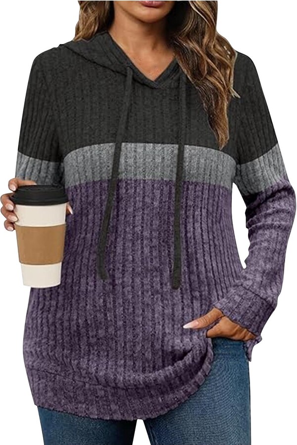 HGps8w Women's Color Block Ribbed Hoodies Plus Size Fall Pullover Sweatshirts Trendy Loose Long Sleeve Casual Tunic Tops