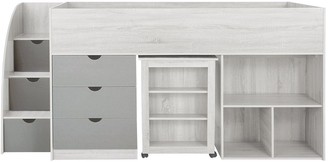 Mico Mid Sleeper Bed with Pull-Out Desk and Storage - Grained White/Grey