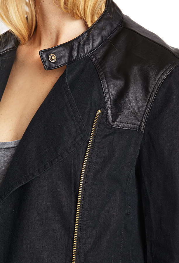Forever 21 contemporary faux leather & linen moto jacket ShopStyle