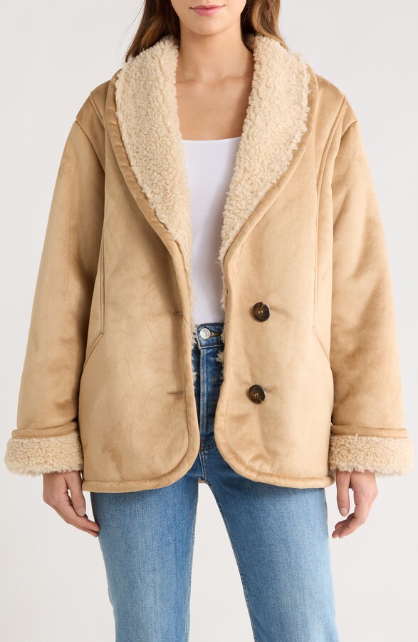 ASOS DESIGN Faux Shearling Shawl Collar Aviator Jacket