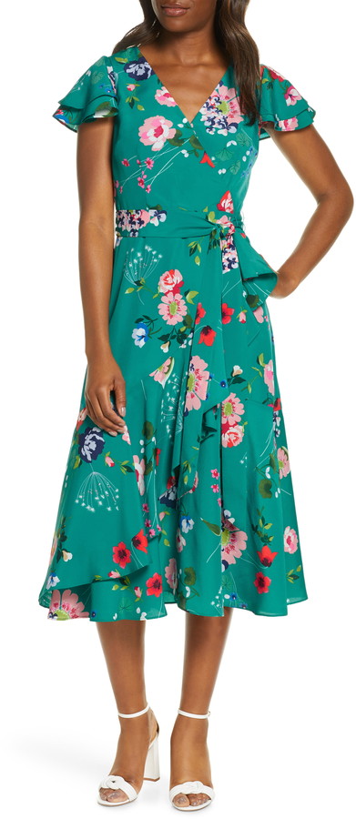 eliza j ruffle sleeve floral faux wrap dress