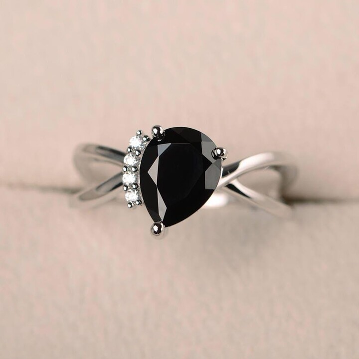 Etsy Natural Black Spinel Ring Promise Pear Cut Gemstone Solid Sterling Silver Ring