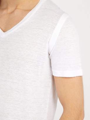120% Lino V Neck Linen Jersey T Shirt - Mens - White