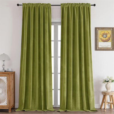 Olive Green Velvet Blackout Curtains 90 Inches Long, Thermal Insulated Noise Reducing Drapes With Rod Pocket, 2 Panels