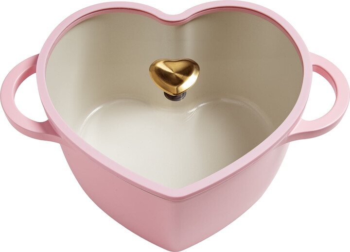 Paris Hilton 4.6 Quart Heart-Shaped Dutch Oven, Cast Aluminum with Clean Ceramic™ Nonstick Coating & Silicone Rim Glass Lid, Pink