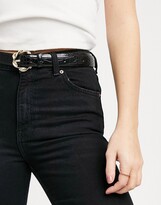 Thumbnail for your product : Pieces patent croc skinny belt with twist gold buckle in black