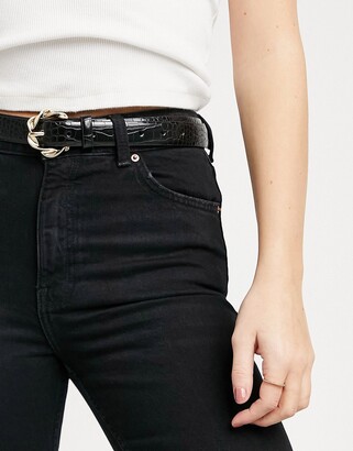 Pieces patent croc skinny belt with twist gold buckle in black