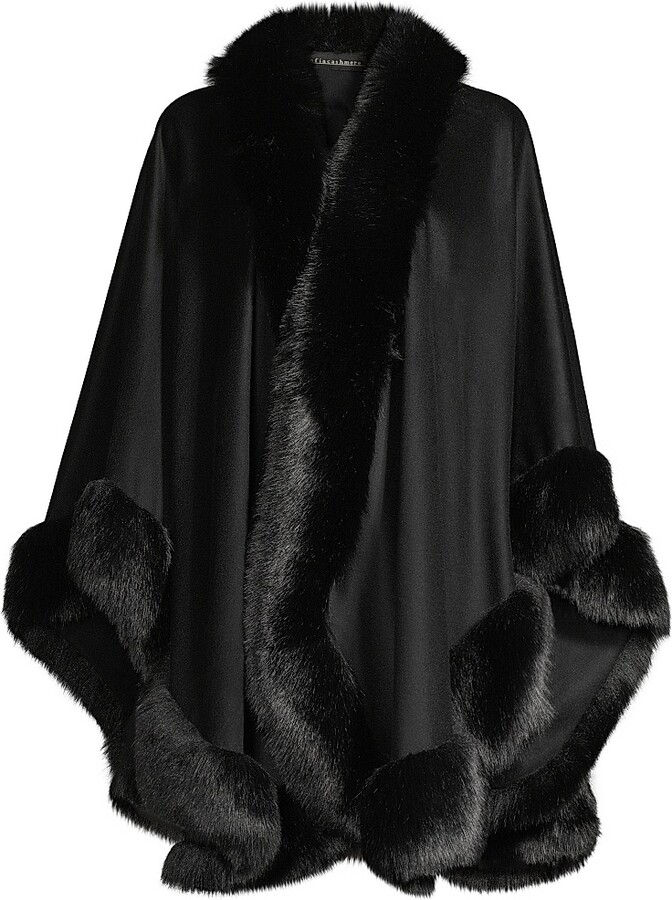 Sofia Cashmere Women's Faux Fur & Cashmere U-Cape - Black