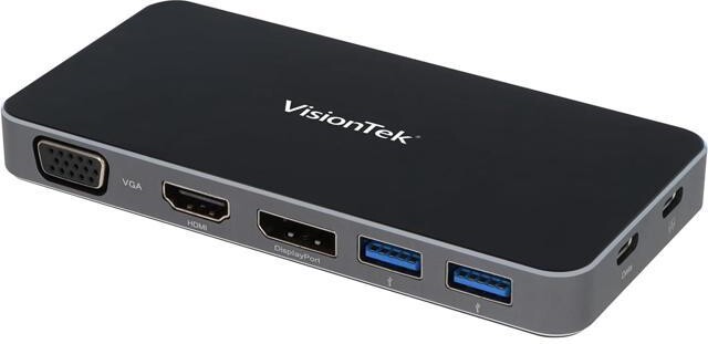 TAURKENAM VisionTek VT200 Portable USB-C Dual Monitor Hub - 1x DP, 1x HDMI, 1x VGA, 2X USB-A Ports, 1x USB-C for Windows/MacOS/ChromeOS/iOS