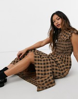 Thumbnail for your product : GHOSPELL sleeveless maxi dress with bib collar in brown check