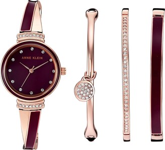 Anne Klein Women's AK/2716RBST Premium Crystal Accented Rose Gold-Tone and Burgundy Watch and Bangle Set