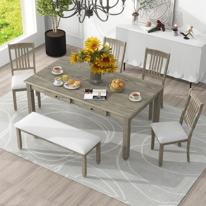 TONWIN 6-Piece Rectangular Dining Table Set with 4 Chairs and 1 Bench ...