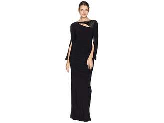 Adrianna Papell Long Sleeve Stretch Jersey Gown with Slit Sleeve and Beaded Neckline Detail