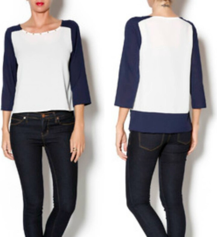 Double Zero Gold Studded Long Sleeve Top In Navy