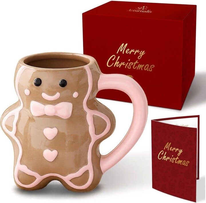 Numhew 13 oz Cute Brown Ceramic Mug (Set of 1), Christmas Gingerbread Man Design Drinkware with Red Gift Box and Greeting Card