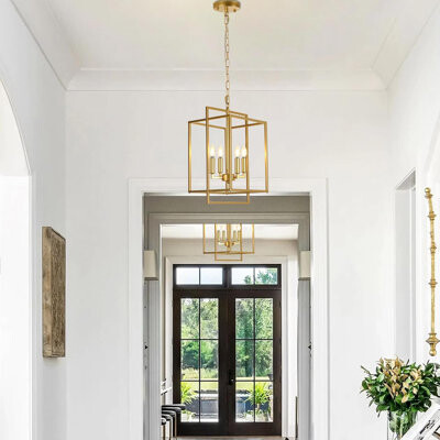 Everly Quinn Farmhouse Gold Chandelier With Adjustable Height 4-Light Vintage Pendant Lighting Fixture For Dining Room Kitchen Island Entryway Foyer Hallway