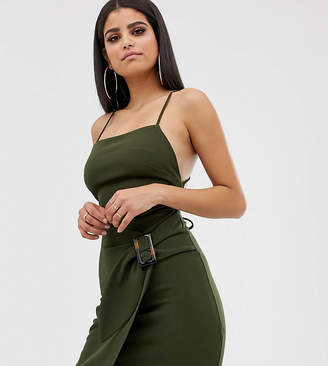ASOS Tall DESIGN Tall strappy back wrap mini dress with tortoise shell buckle
