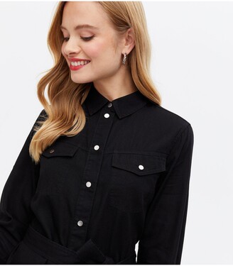 New Look Black Denim Long Sleeve Mini Shirt Dress