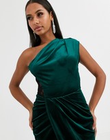 Thumbnail for your product : ASOS DESIGN DESIGN velvet one shoulder wrap lace back bodycon midi dress