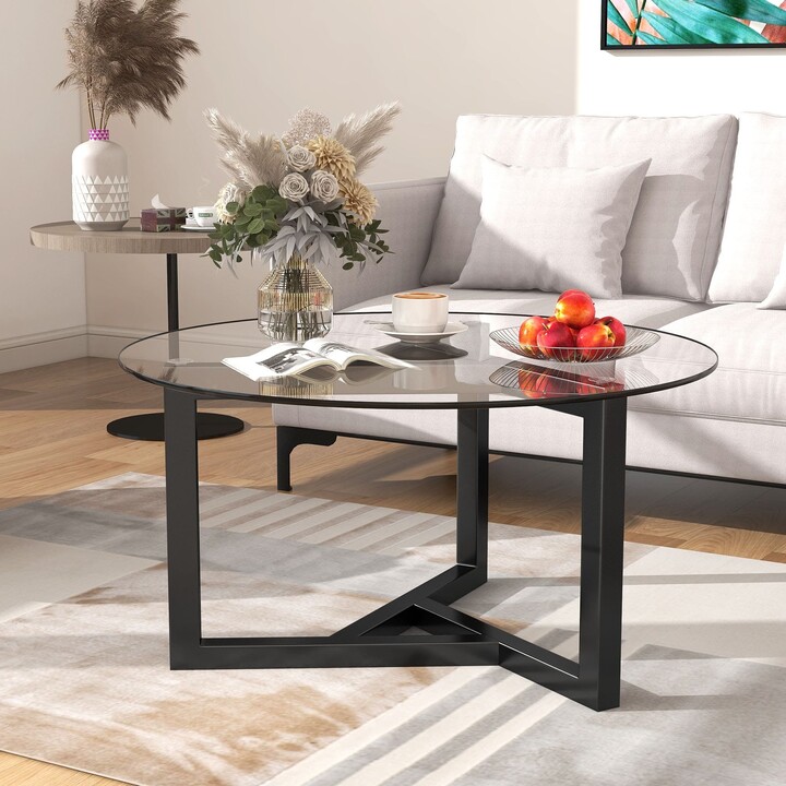 Round Coffee Table Modern Center Table with Tempered Glass Top Sofa Table with Sturdy Wood Base