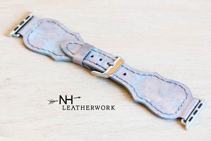 Leather Watch Band Strap, Fancy Violet Shimmer & Gray Kangaroo, For Apple 38mm 40mm 42mm 44mm 49mm, Fitbit Versa 2, Samsung Galaxy